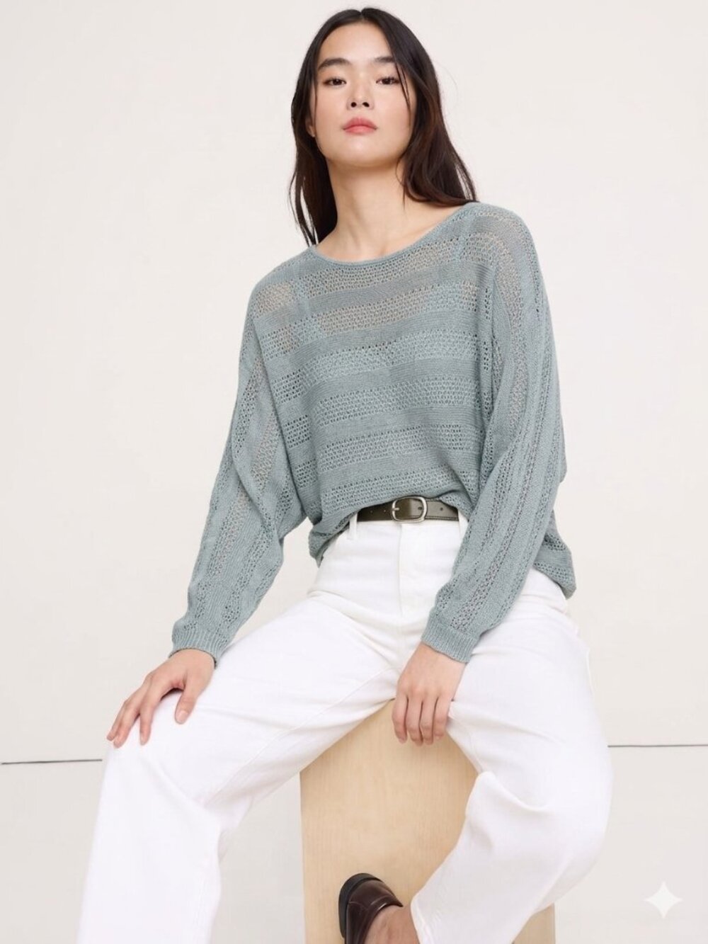 Tahari Linen Sweater S Sage Green Textured Lightweight Knit Pullover Oversized